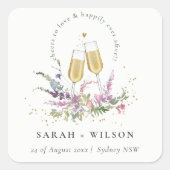 ラブゴールドワイングラス フローラル ウェディング スクエアシール (正面)