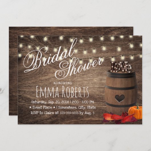 ラブサイン素朴ワインバレルオータムブライダルシャワー 招待状 (正面/裏面)