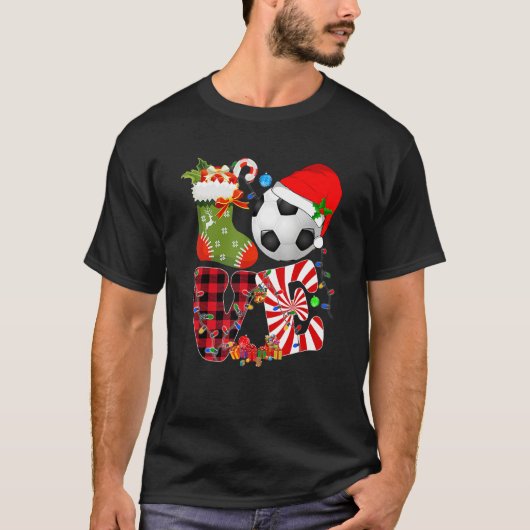 ラブサッカーサンタハットソッククリスマスライトビュッフル Tシャツ (正面)
