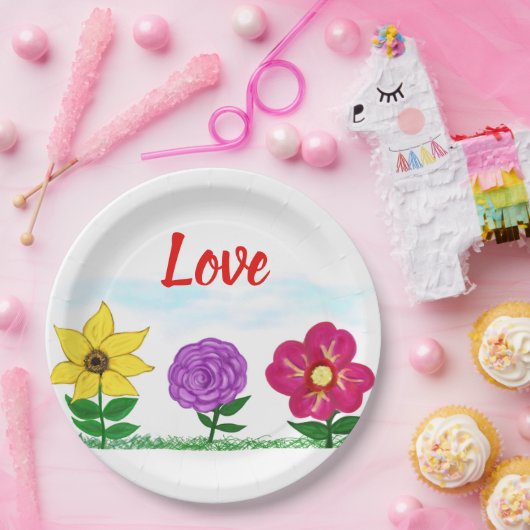 ラブサマーフラワーイエローパープルピンク花模様 ペーパープレート (パーティー)