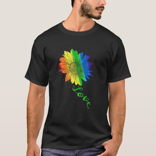 ラブサンフラワーフローラLGBTQレインボーフラッグゲイプライド Tシャツ (正面)
