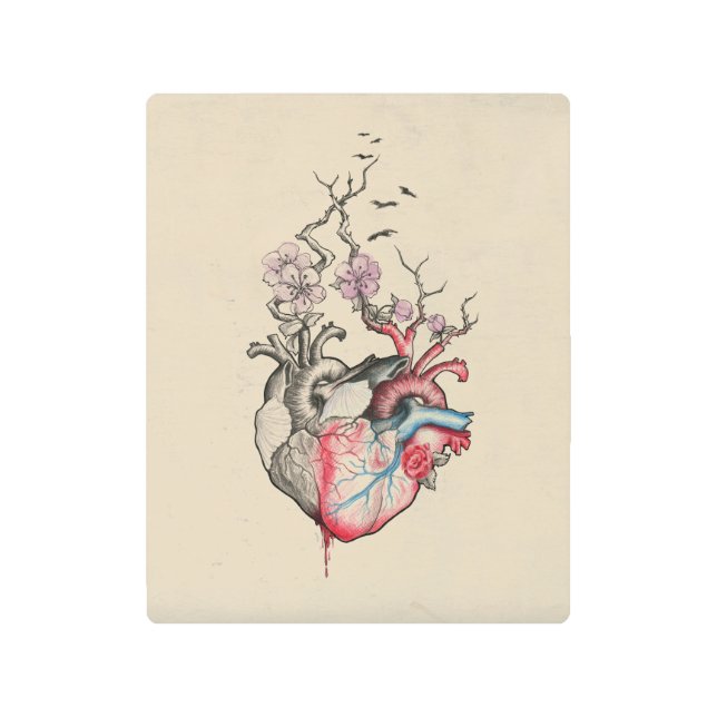 ラブサーレアル解剖学的ハート花ヴィンテージ メタルプリント (正面)