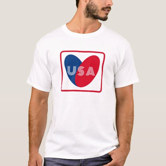 ラブザアメリカ愛国的赤白青シンプルハート Tシャツ (正面)