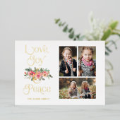 ラブジョイ&ピースタイポグラフィパステルフローラ3 – 写真 箔シーズンカード (立ち正面)