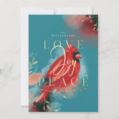 ラブジョイ&ピースレッド(鳥)ショウジョウコウカンチョウウォーター色ティール(緑がかった色)ブルー シーズンカード (正面)