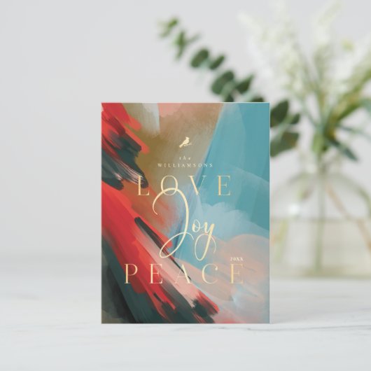 ラブジョイ&ピースレッド(鳥)ショウジョウコウカンチョウ抽象芸術水彩 インビテーションポストカード (スタンド正面)