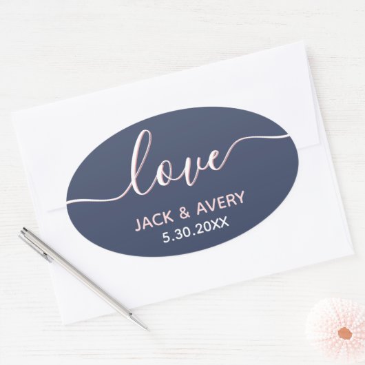 ラブスクエレガントリットネイビー&赤面ホワイト結婚ズ 楕円形シール (封筒)