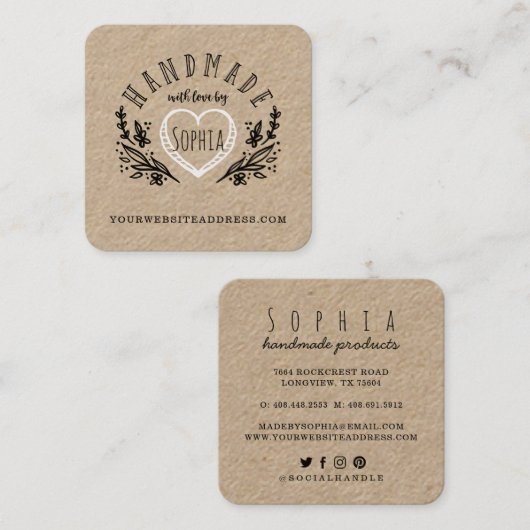 ラブスケッチ花模様とハートで手作り スクエア名刺 (正面/裏面)