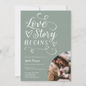 ラブストーリーセージ緑の白い写真ブライダルシャワー 招待状 (正面)