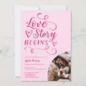 ラブストーリーレトロホットピンク写真ブライダルシャワー 招待状 (正面)