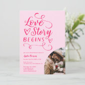 ラブストーリーレトロホットピンク写真ブライダルシャワー 招待状 (スタンド正面)