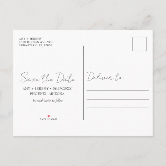 ラブストーリー写真バジェットウェディング日付を保存 案内ポストカード (裏面)