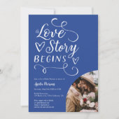 ラブストーリー青い白い写真ブライダルシャワー 招待状 (正面)