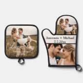 ラブストーリー2枚の写真ミニマルモダン記念日 鍋つかみ&鍋敷きセット (正面)