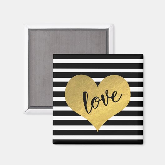 ラブタイポグラフィと金ゴールドハートとストライプ マグネット (正面/裏面)