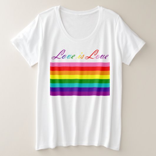ラブタイポグラフィゲイプライドLGBTレインボー国旗 プラスサイズTシャツ (デザイン正面)