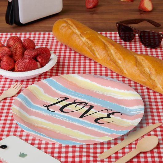 ラブタイポグラフィピンクイエローブルーウォーター色 ペーパープレート (ピクニック)