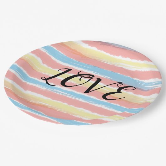 ラブタイポグラフィピンクイエローブルーウォーター色 ペーパープレート (アングル)