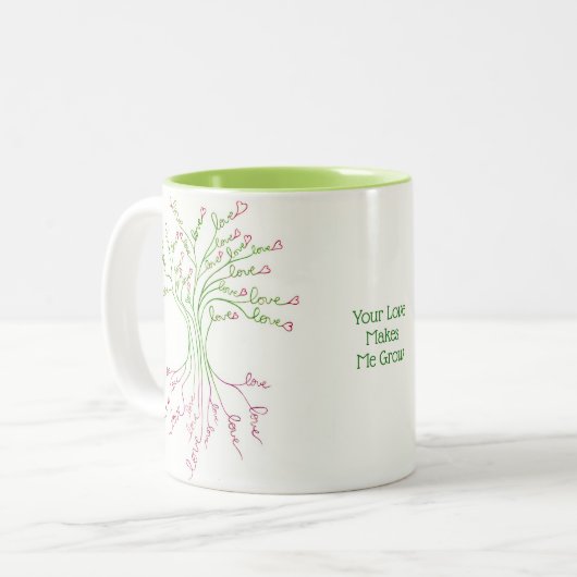 ラブツリーオブライフアートホワイトグリーンピンクハートかわいい ツートーンマグカップ (正面左)