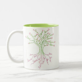 ラブツリーオブライフアートホワイトグリーンピンクハートかわいい ツートーンマグカップ