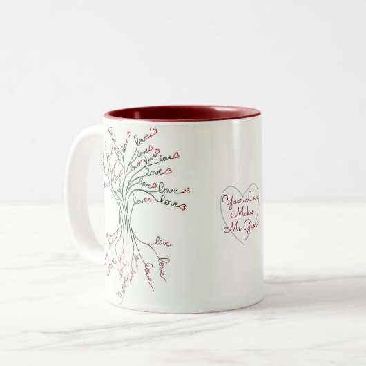 ラブツリーオブライフアートホワイトダーク赤いハートかわいい ツートーンマグカップ (正面左)