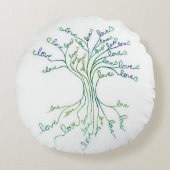 ラブツリーオブライフアートホワイトティール（緑がかった色）ブルーハートかわいい ラウンドクッション (正面)