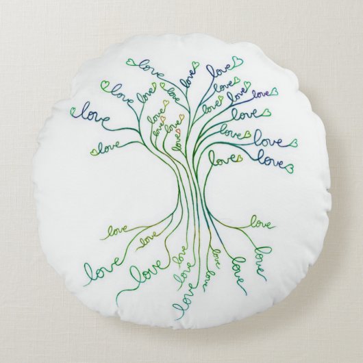 ラブツリーオブライフアートホワイトティール(緑がかった色)ブルーハートかわいい ラウンドクッション (正面)