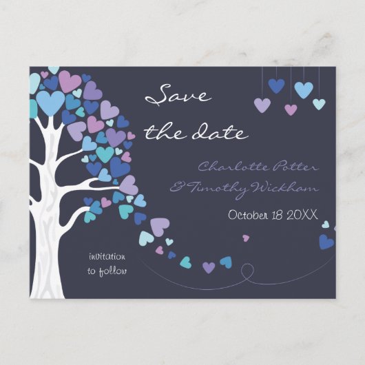 ラブツリーハート冬の結婚式の日付を保存 案内ポストカード (正面)