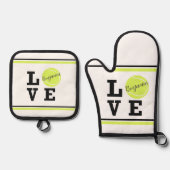 ラブテニスボールパーソナライズされた名 鍋つかみ&鍋敷きセット (正面)