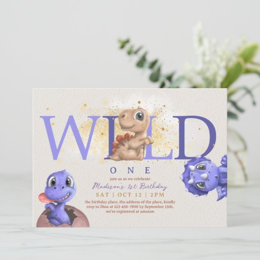 ラブディノシンプル男の赤ちゃんおもしろいファースト誕生日 招待状 (スタンド正面)