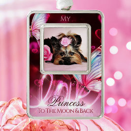 ラブトリビュート、ピンクハート＆バタフライ - ペットの写真 シルバープレートフレームオーナメント