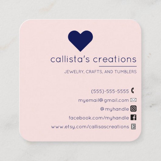 ラブネイビーブルーピンクグリッターハートで手作り スクエア名刺 (裏面)