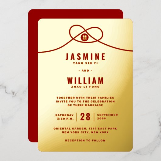 ラブノットユニオンダブル幸中国のせ結婚の 箔招待状 (正面/裏面)