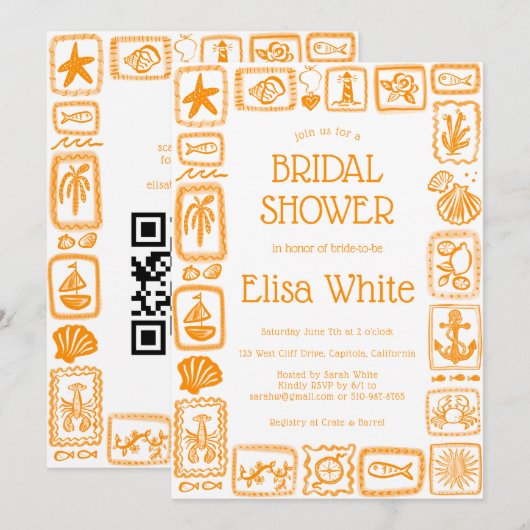 ラブノートSeaブライダルシャワーモダンカスタムQR 招待状 (正面/裏面)