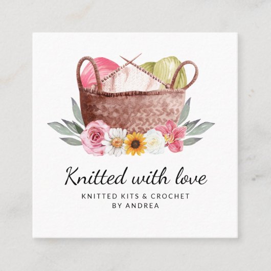 ラブハンドメイド糸かぎ籠で編み物 スクエア名刺 (正面)