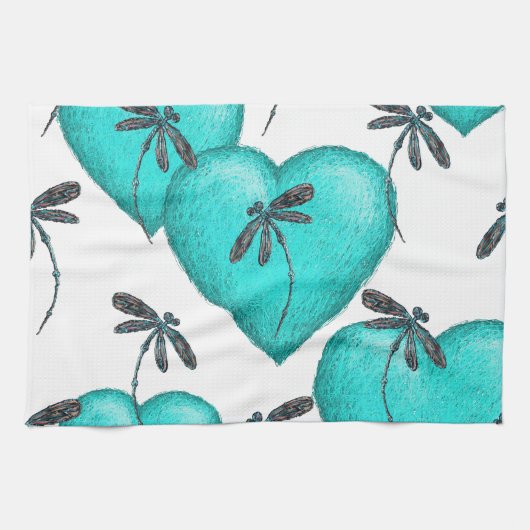 ラブハートとトンボターコイズ キッチンタオル (横)