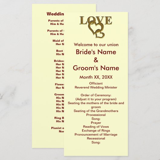 ラブハートと赤いバラの結婚式ラックカード プログラム (正面/裏面)