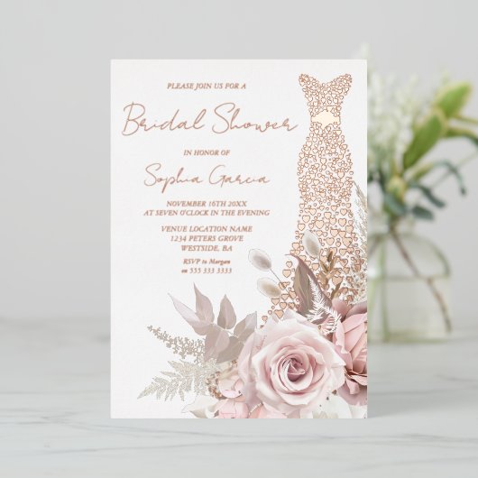 ラブハートドレスブライダルシャワーバラ実在金ゴールド 箔招待状 (立ち正面)