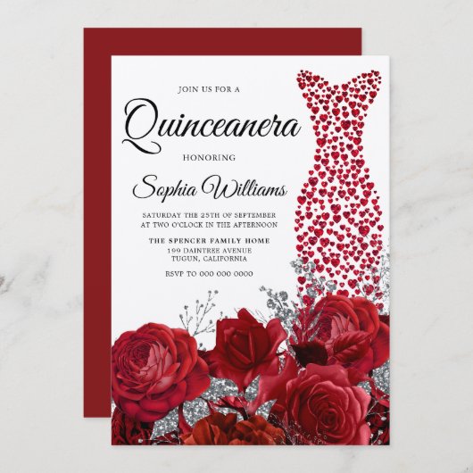 ラブハートドレスレッドローゼスキンセアニェラパーティー 招待状 (正面/裏面)