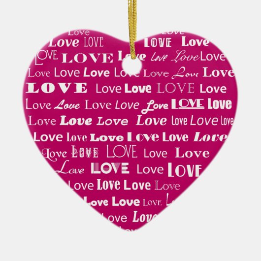 ラブハートワードクラウド – ホワイトオンピンク明るい赤紫色 セラミックオーナメント (正面)