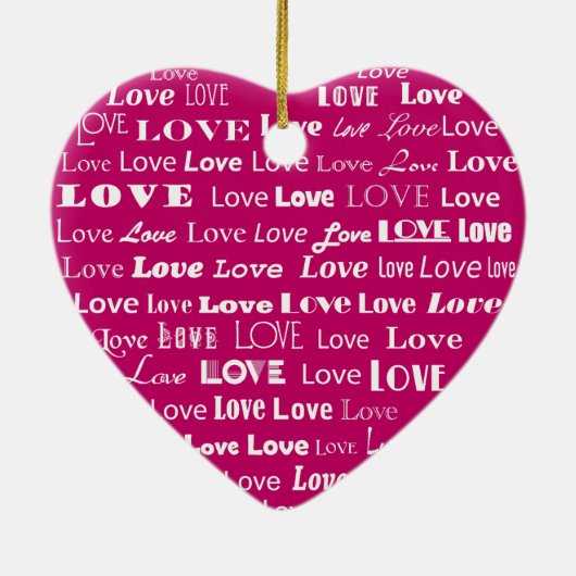 ラブハートワードクラウド – ホワイトオンピンク明るい赤紫色 セラミックオーナメント (裏面)