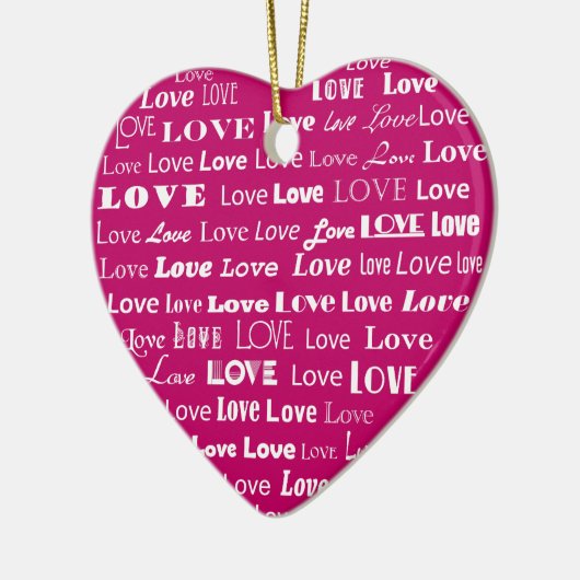 ラブハートワードクラウド – ホワイトオンピンク明るい赤紫色 セラミックオーナメント (左)