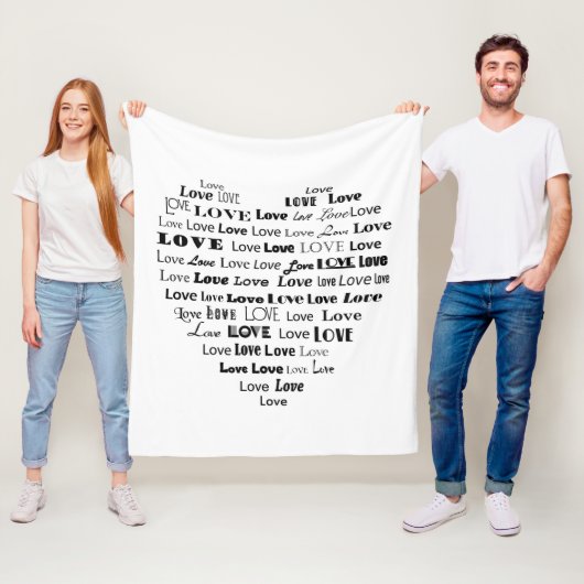 ラブハートワードクラウド – 黒オンホワイト フリースブランケット (インサイチュ)