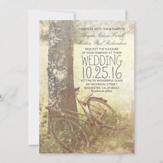 ラブハート樺の木ツリーと自転車ラスティック結婚ズ 招待状 (正面)