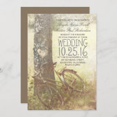 ラブハート樺の木ツリーと自転車ラスティック結婚ズ 招待状 (正面/裏面)