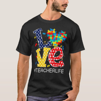 ラブハート自閉症啓発ヶ月パズルピース茶 Tシャツ