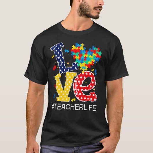 ラブハート自閉症啓発ヶ月パズルピース茶 Tシャツ (正面)