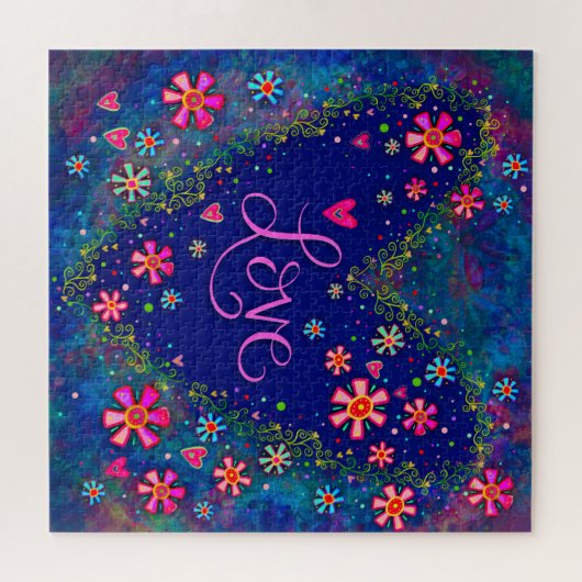 ラブハート花ブルーかわいらしインスピレーション ジグソーパズル (横)