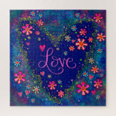 ラブハート花ブルーかわいらしインスピレーション ジグソーパズル (縦)