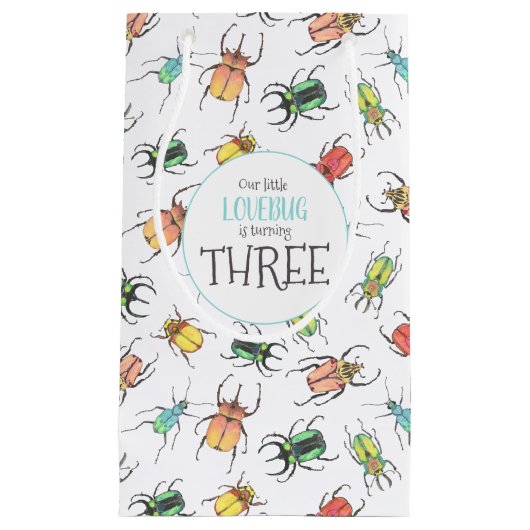 ラブバグ水色カブトムシとハート中Gi スモールペーパーバッグ (正面)